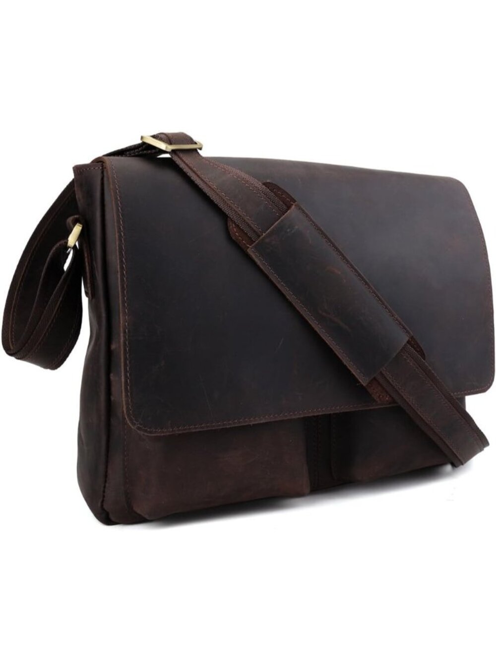 Men's Brown 13 Inch Leather Laptop Bag Flap Over Crossbody Office Satchel Bag